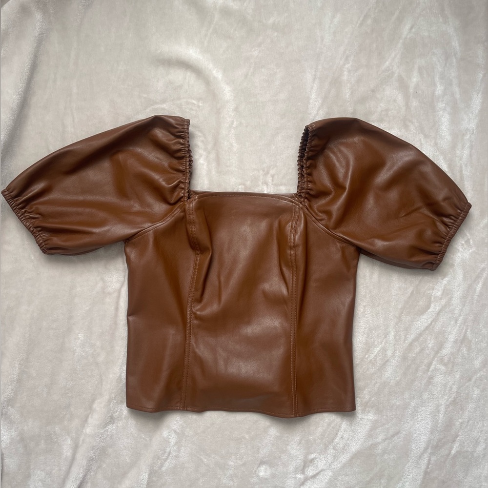 MARC NEW YORK Brown, Camel, Cognac Faux Leather Poof‎ Sleeve Top Size M